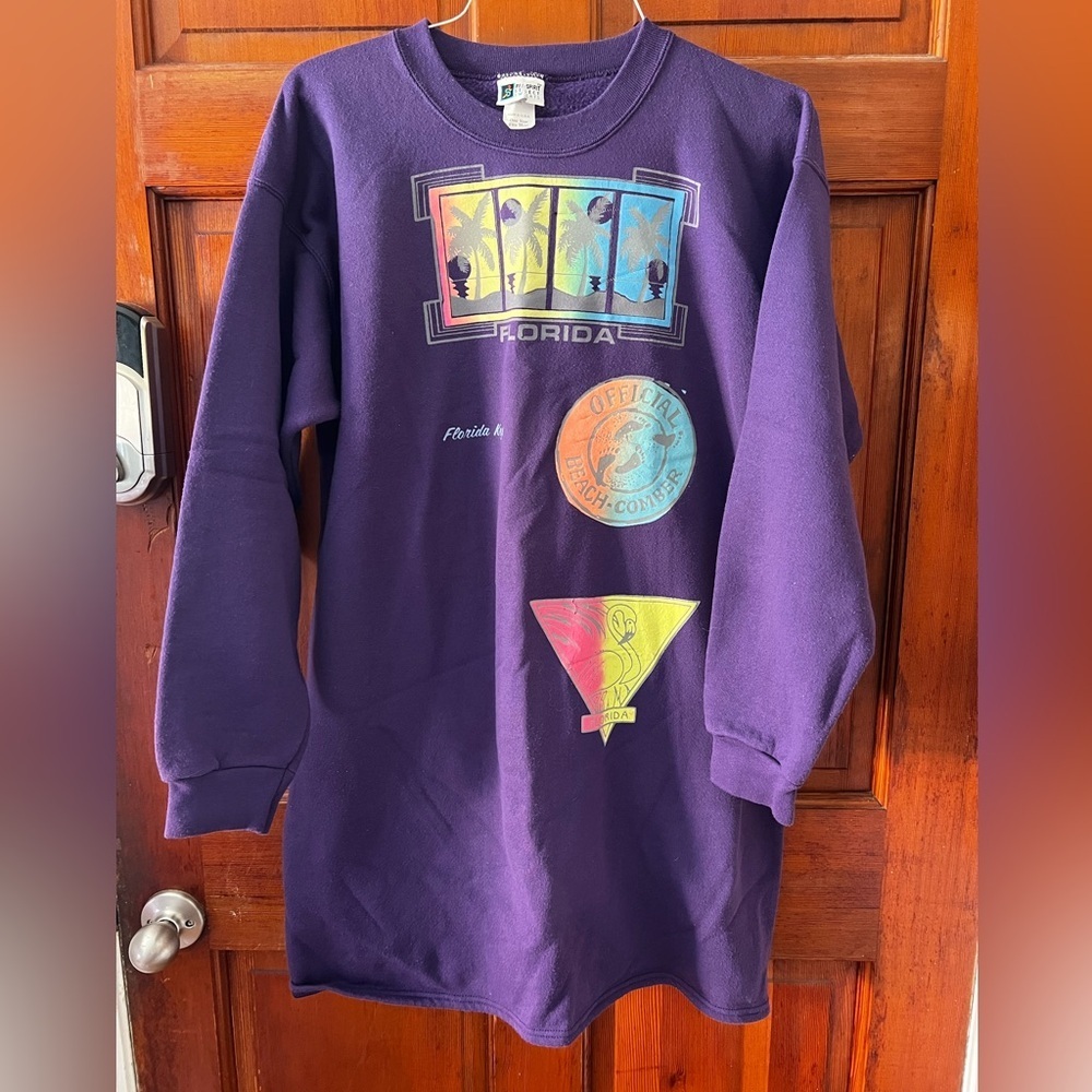 Vintage 80s 90s Florida Keys Sweatshirt Dress – Purple Oversized Beach Graphic